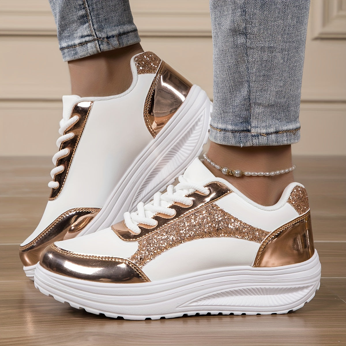 Chaussures à paillettes pour femmes, baskets basses à plateforme tendance - Topdecheztop.fr
