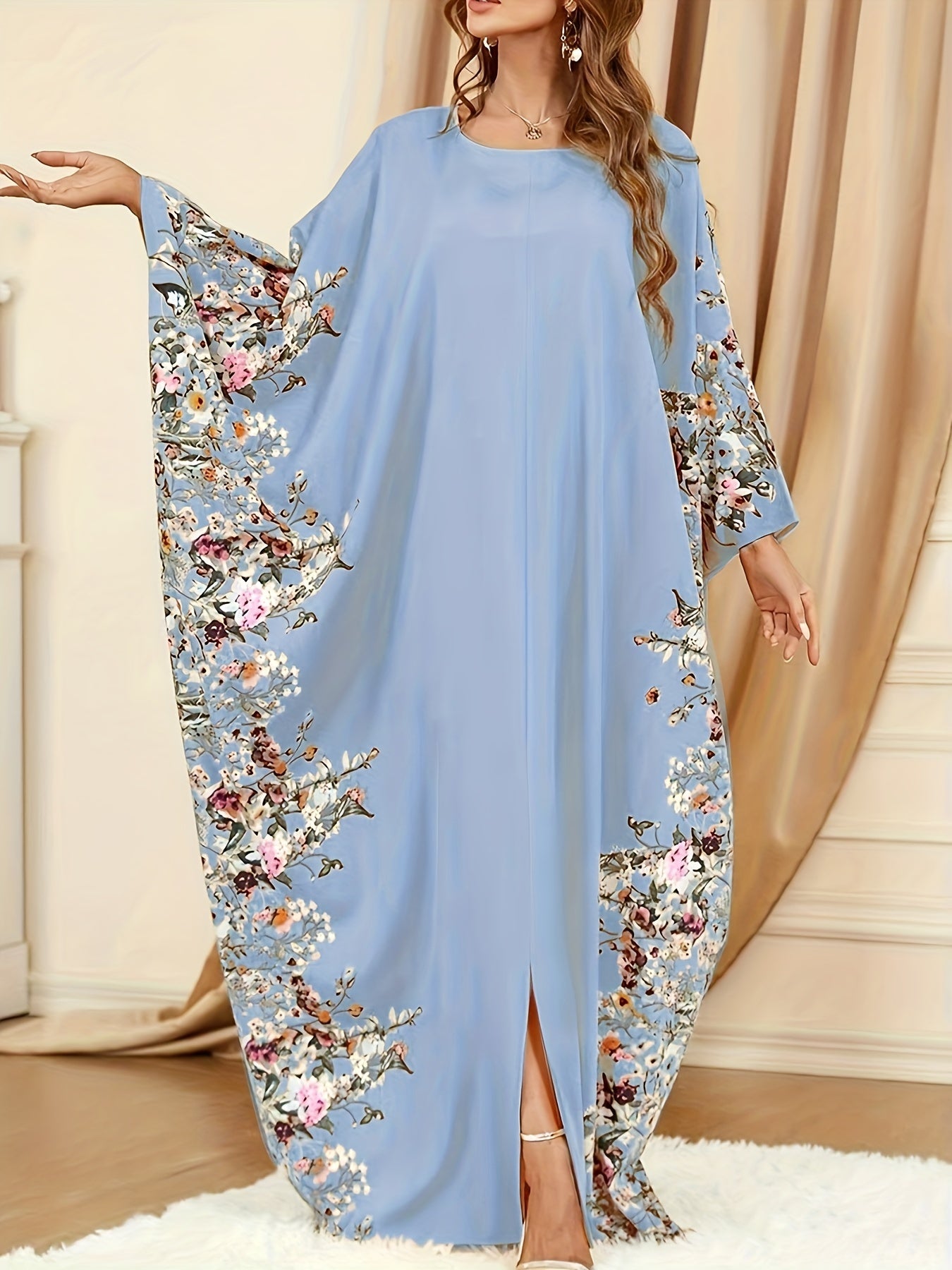 Ramadan Floral Print Crew Neck Kaftan, Elegant Batwing Sleeve Split Maxi Dress, Women's Clothing - Topdecheztop.fr