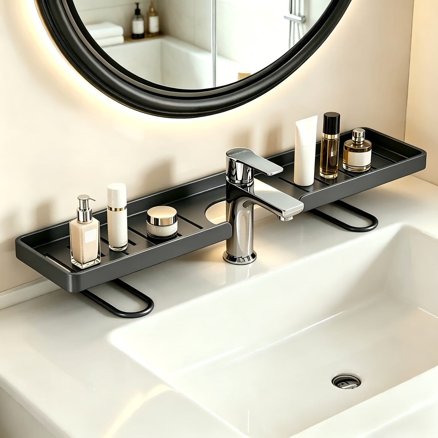 Étagère de Robinet Acier au Carbone - Support Sans Perçage, Salle de Bain & Cuisine, Blanc/Gris