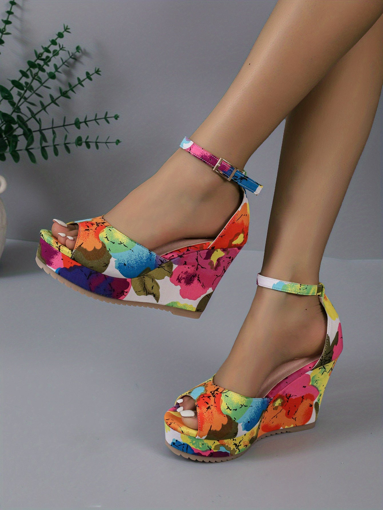 Sandales compensées , imprimé floral pour femmes - Topdecheztop.fr