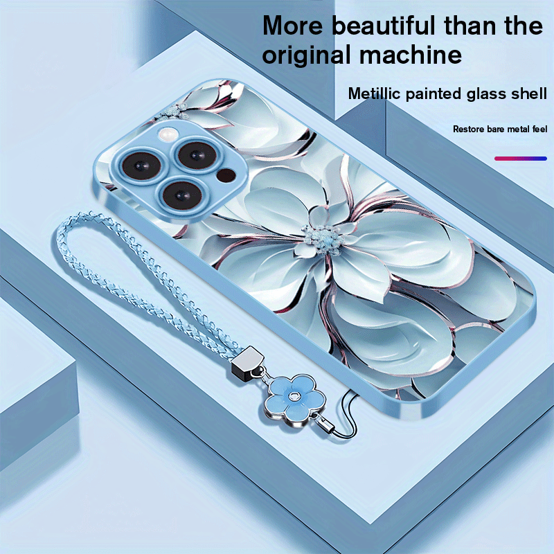 Coque de téléphone en verre plaqué avec motif floral et lanière,IPHONE - Topdecheztop.fr