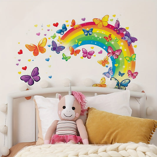 Colorful Rainbow Arch with Butterfly, Heart & Star Patterns Wall Decal - PVC Self-Adhesive Removable Sticker for Living Room, Bedroom, Dining Room, Study, Entryway - 39x49cm, Rainbow Room Decor - Topdecheztop.fr