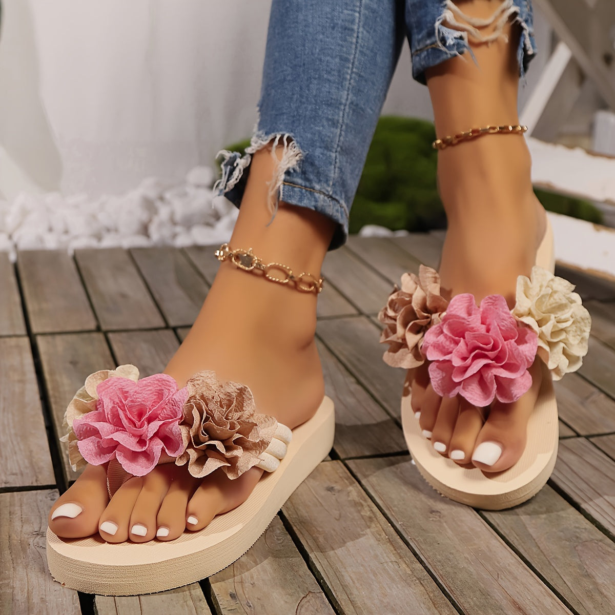 Women's Elegant Floral Flip Flops, Lightweight Flat Slip Onn Holiday Slides, Summer Beach Slides - Topdecheztop.fr