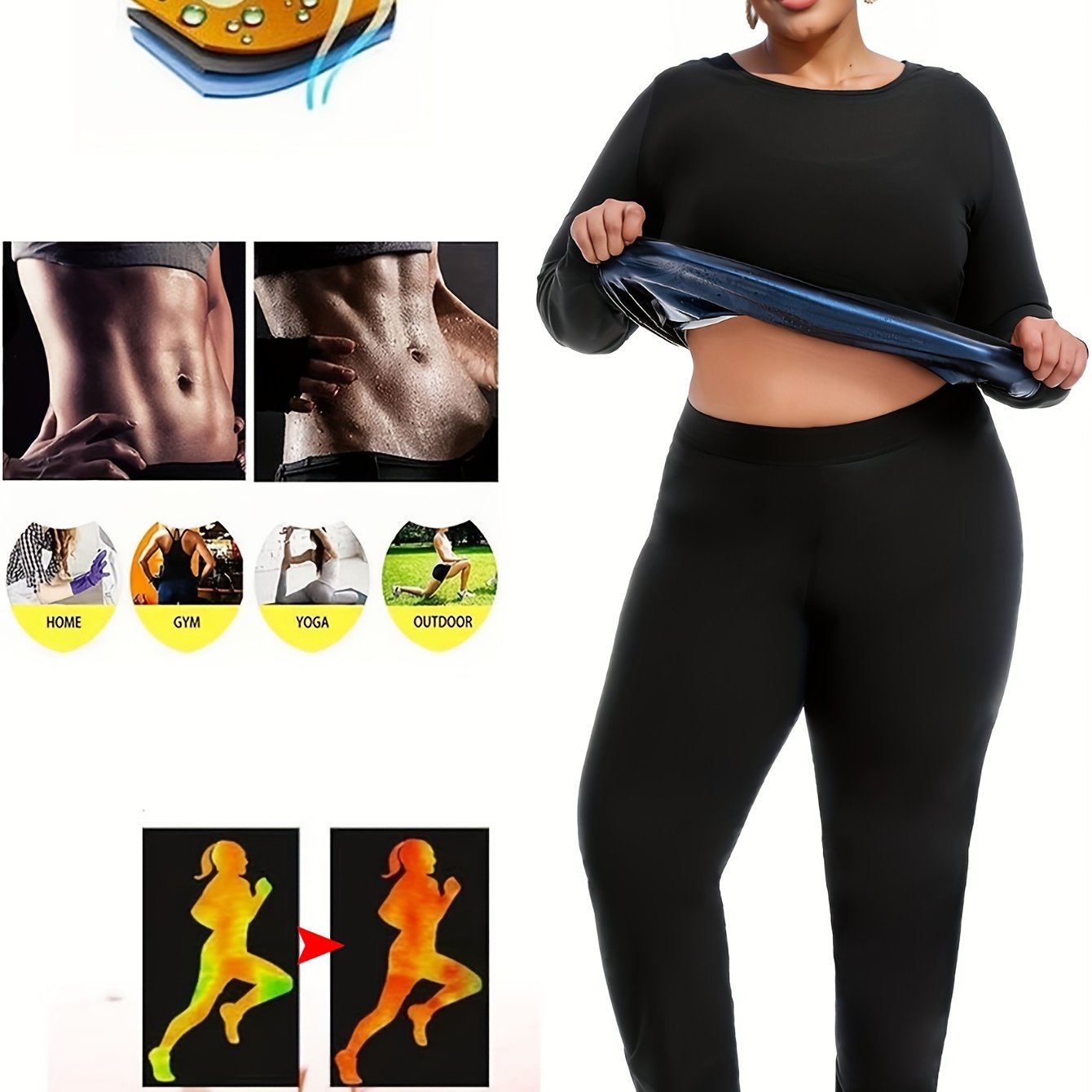 Set Of 2 Plus-size Women's Sportswear, Sauna Yoga Set, With Internal Sweat-absorbing Coating, Moisture-wicking, Yoga And Fitness Clothing, Plus-size Long-sleeved Top And Sauna Pants - Topdecheztop.fr