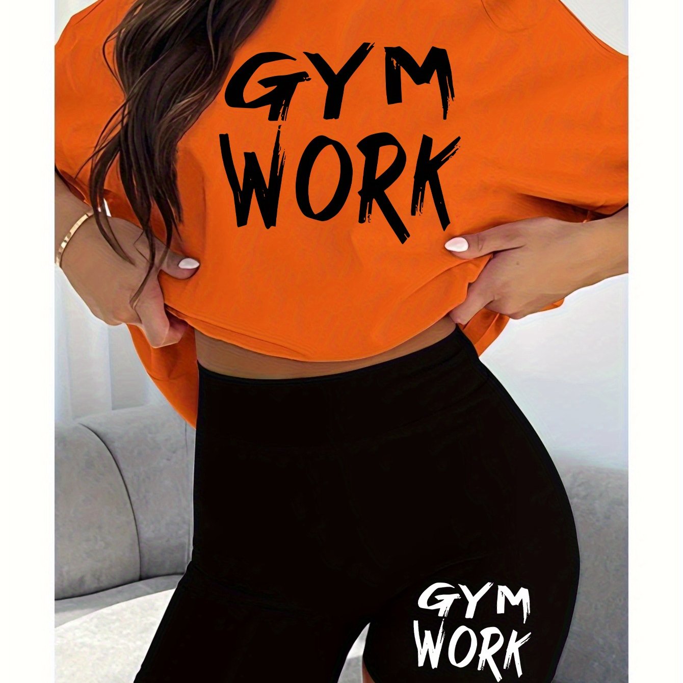 2pcs Women'S Gym Workout Set with Bold "GYM WORK" Letter Print T-Shirt and Black Shorts, Casual Athletic Outfit for Running and Fitness, Comfortable Fabric, Ladies' - Topdecheztop.fr