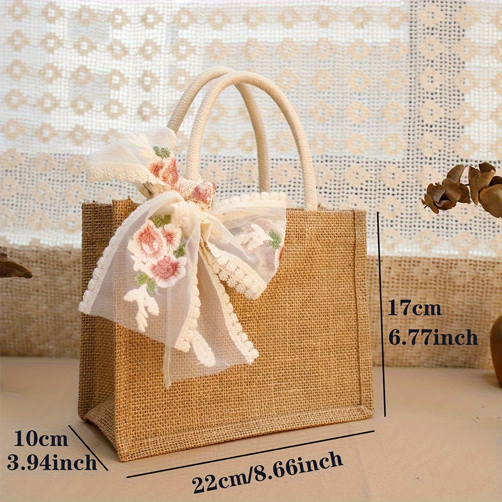 Lot de 2 sacs fourre-tout en toile de jute avec ruban en dentelle