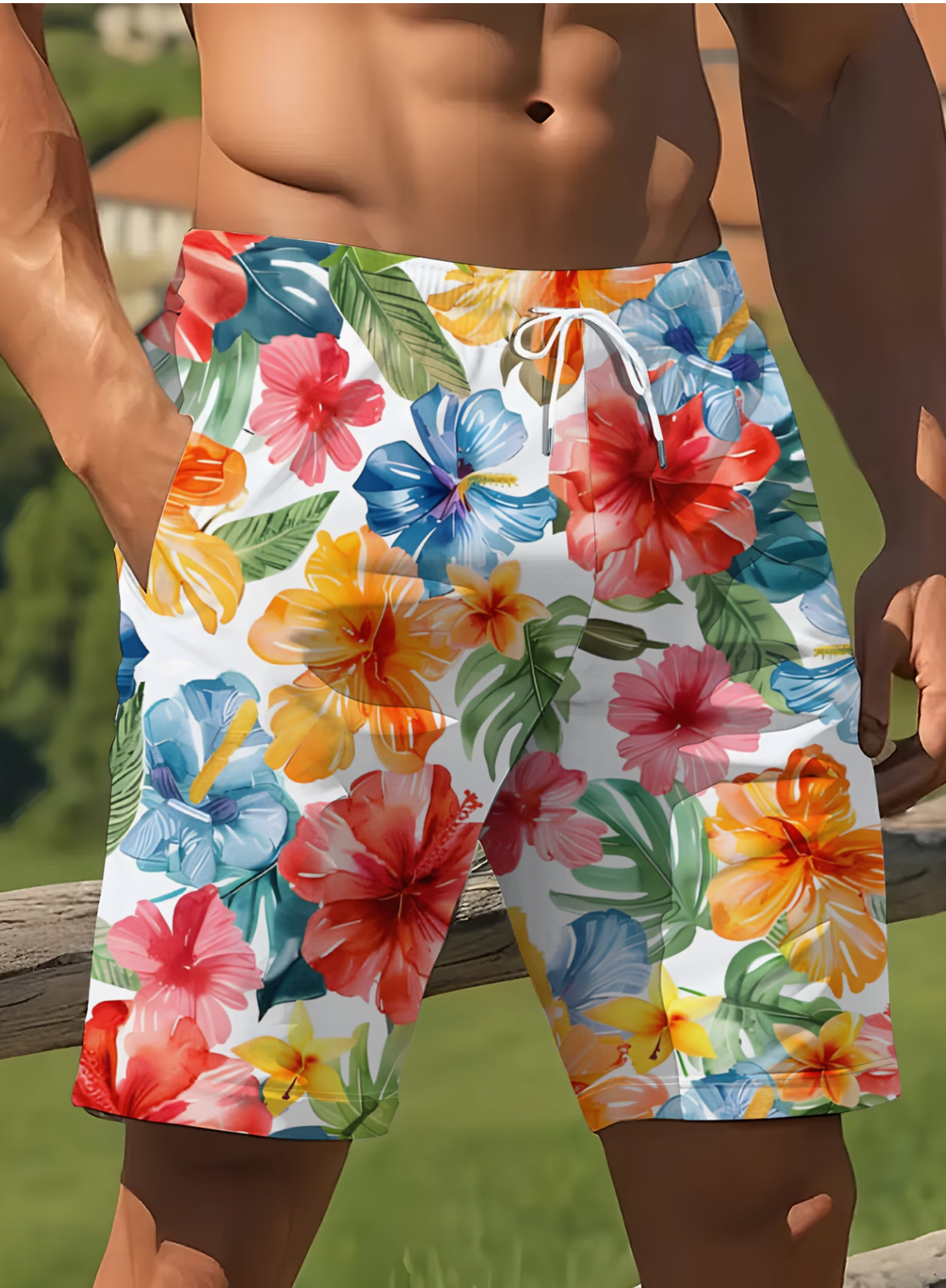 Shorts Homme Hibiscus Hawaïen - Imprimé Floral Aquarelle