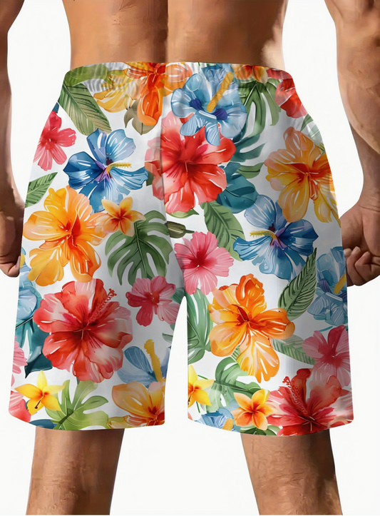 Shorts Homme Hibiscus Hawaïen - Imprimé Floral Aquarelle
