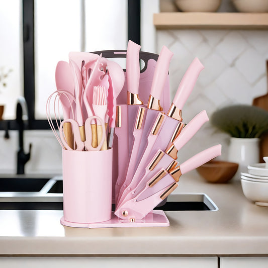 Ensemble de  couteaux  à steak roses élégants de 19 pièces avec support