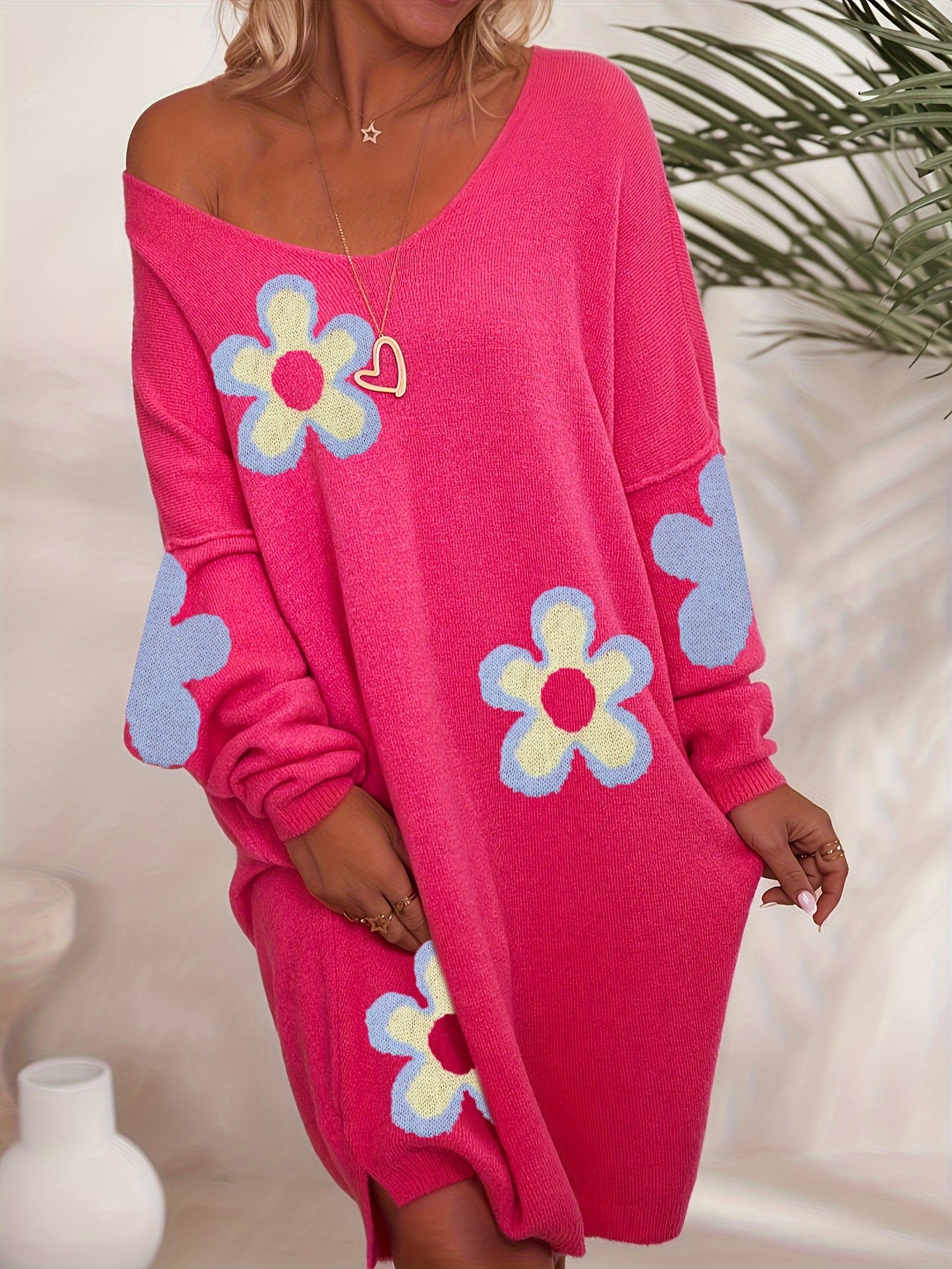 Robe en maille à motifs floraux grande taille, robe décontractée