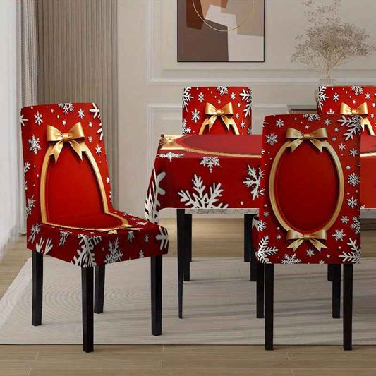 Tablecloth and chair set, 5pcs/7pcs, includes four chair covers and one tablecloth (7pcs) or six chair covers and one tablecloth, high-end design with simple style, Golden round border, snowflake and bow pattern decoration, s