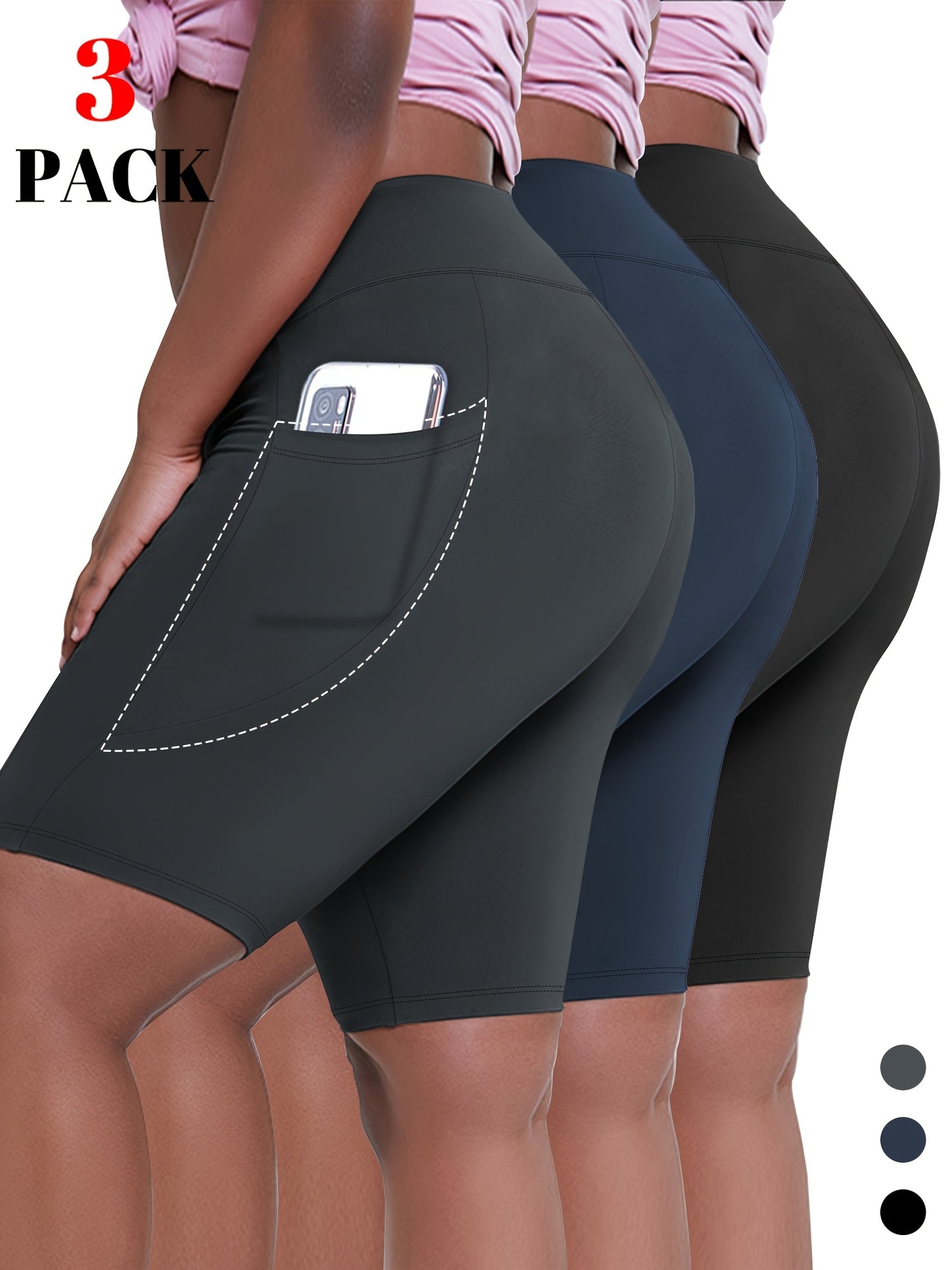 Lot de 3 bermudas taille haute avec poches en forme de lune, grande taille - Topdecheztop.fr