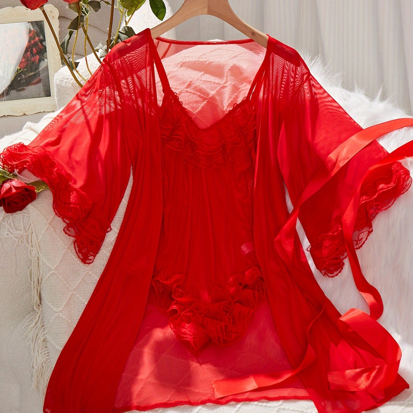 Ensemble de lingerie en dentelle contrastée unie, body et peignoir à col en V - Topdecheztop.fr