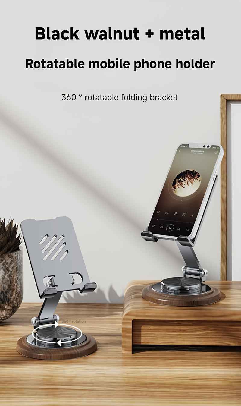 Walnut Wood Grain Folding Mobile Phone Holder, Adjustable Folding Desktop Mobile Phone Holder, All Metal 360-Degree Rotating Holder, Suitable for Mobile Phone Desktop Holder, Suitable for Home, Office And Travel Use-Ideal Gif