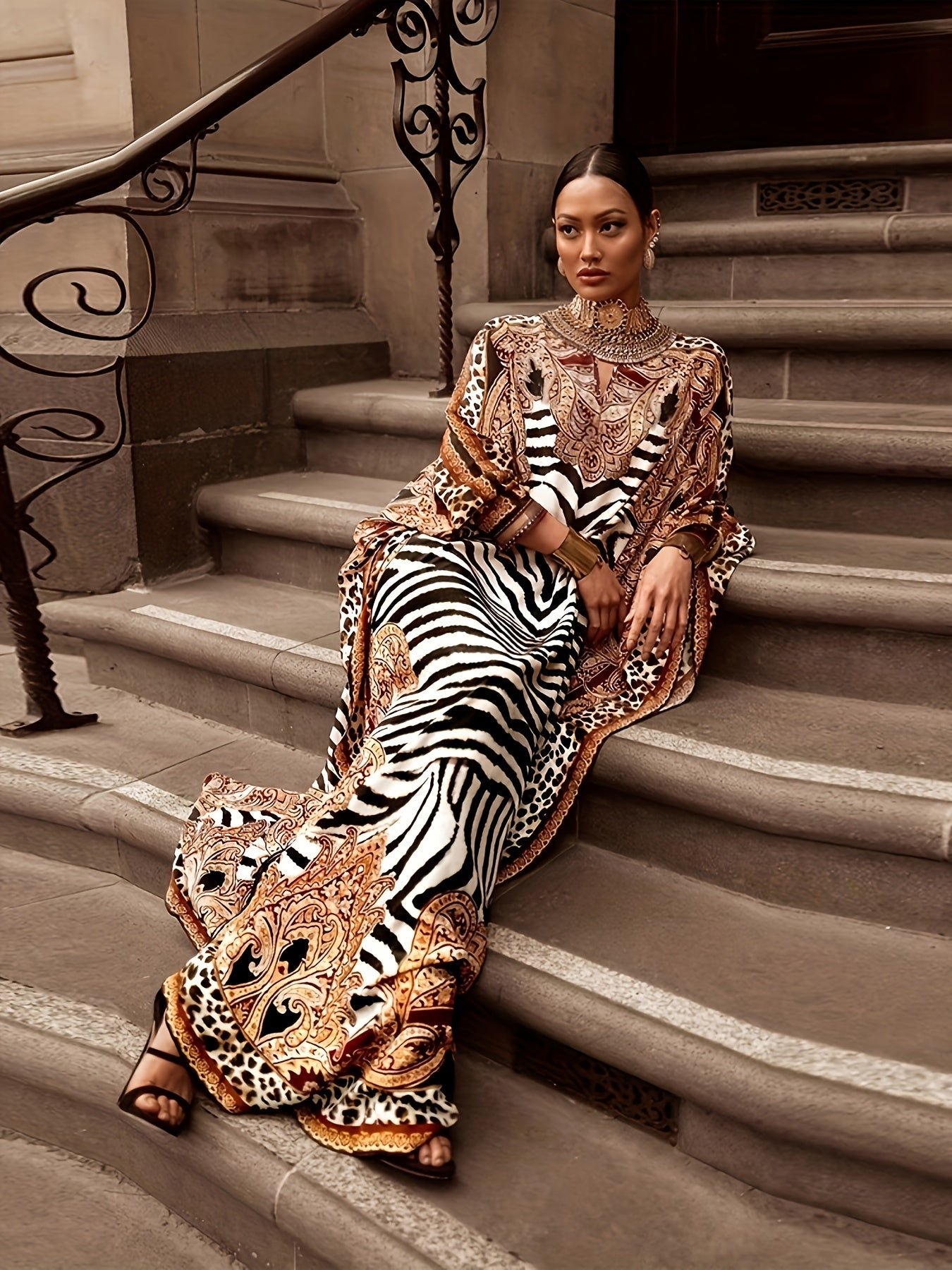 Plus Size Zebra Print Loose Dress, Casual Batwing Sleeve Dress For Spring & Fall, Women's Plus Size Clothing - Topdecheztop.fr
