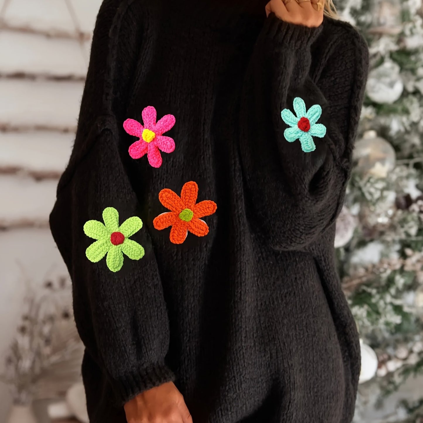 Pull en tricot à appliqués floraux grande taille