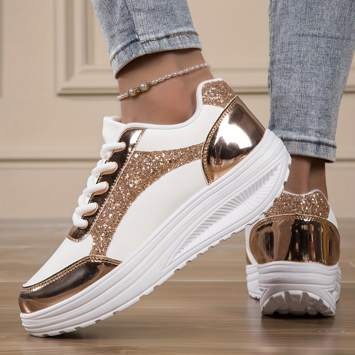 Chaussures à paillettes pour femmes, baskets basses à plateforme tendance - Topdecheztop.fr