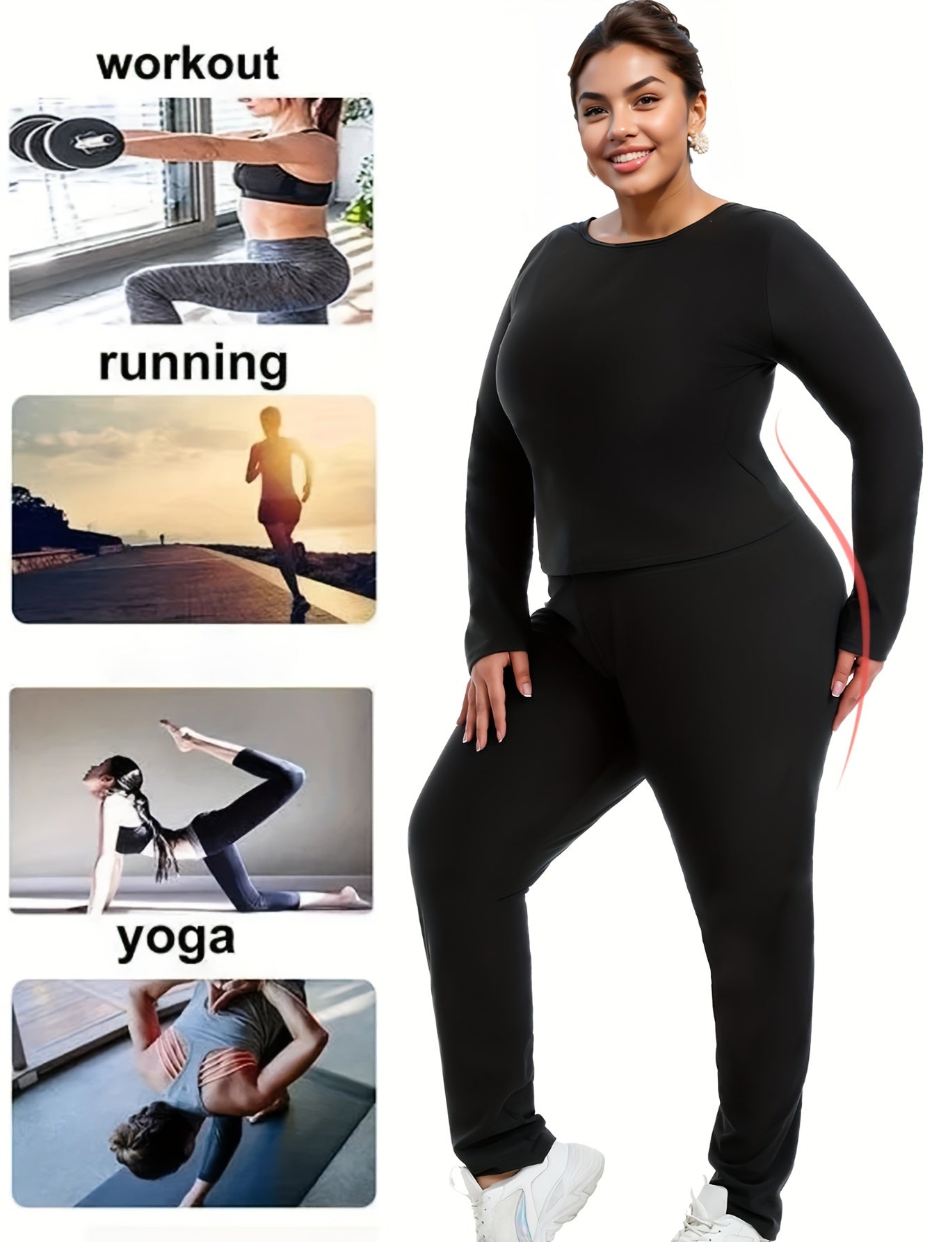 Set Of 2 Plus-size Women's Sportswear, Sauna Yoga Set, With Internal Sweat-absorbing Coating, Moisture-wicking, Yoga And Fitness Clothing, Plus-size Long-sleeved Top And Sauna Pants - Topdecheztop.fr