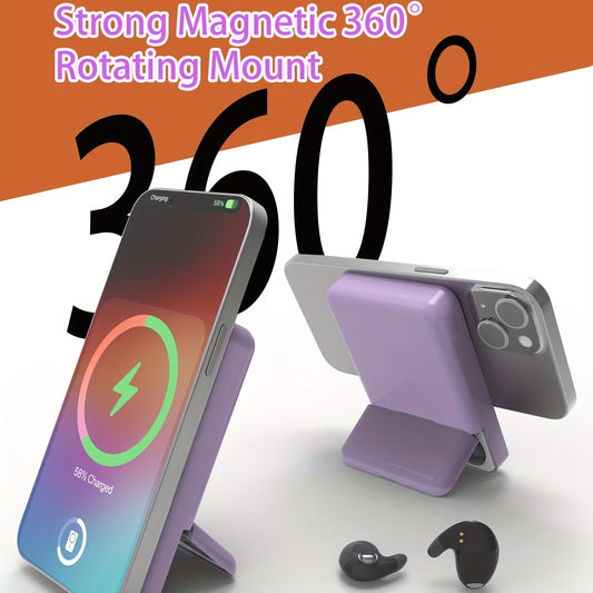 Chargeur magnétique portable et écouteurs 2-en-1 : batterie externe sans fil de 5 000 mAh avec écouteurs stéréo sans fil intégrés