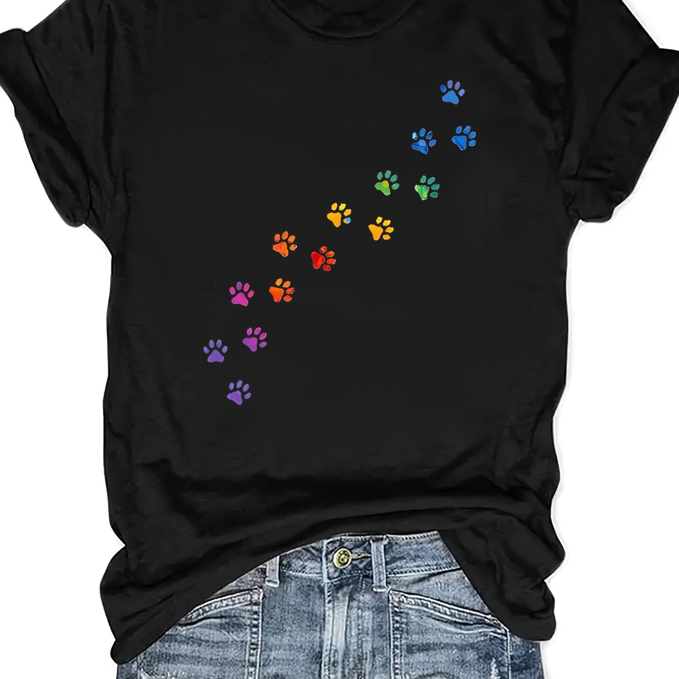 T-shirt ras du cou imprimé pattes colorées, décontracté - Topdecheztop.fr