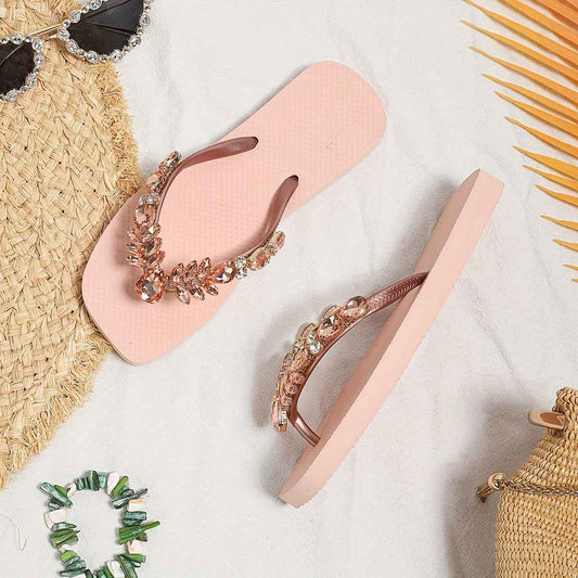 Women's Sparkling Rhinestone Flip-Flops - Slip-On Open-Toe Soft Pink PVC Sandals with Non-Slip Rubber Sole for Beach, Vacation & Casual Wear, Casual Slippers | Chic Flipflops | Glittery Straps, Beach Shoes