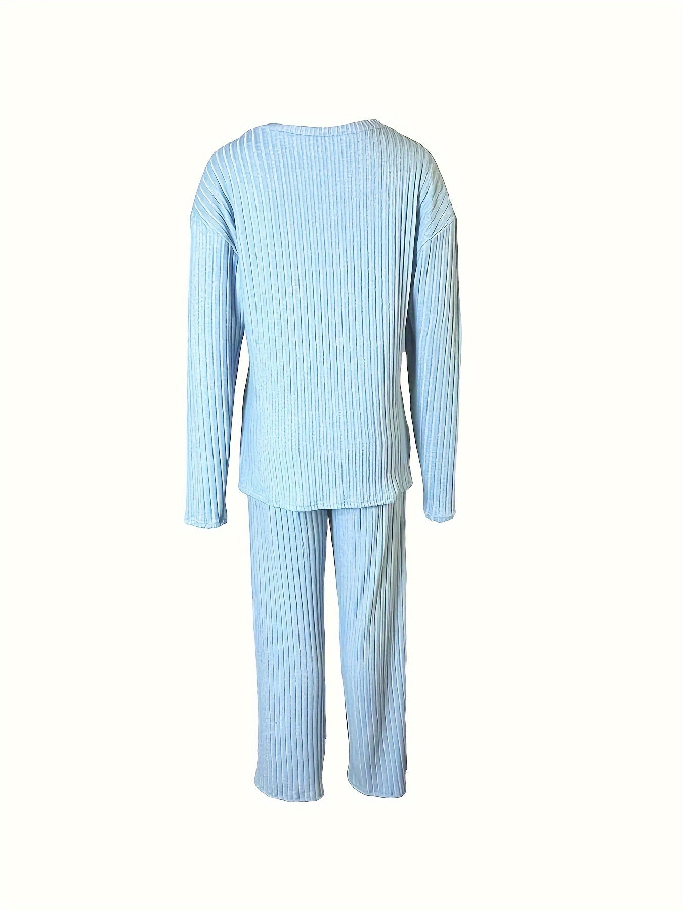 Ensemble pantalon décontracté côtelé uni, haut à manches longues et col en V