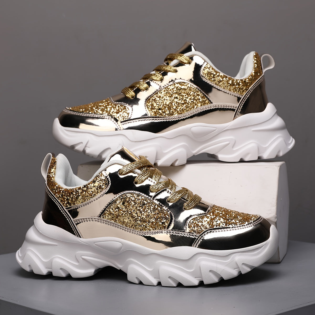 Women's Glittery Golden Dad Sneakers - Fashionable Lace-Up Platform Shoes with Reflective Thick Sole for Height Boost, Versatile All-Season Footwear - Topdecheztop.fr