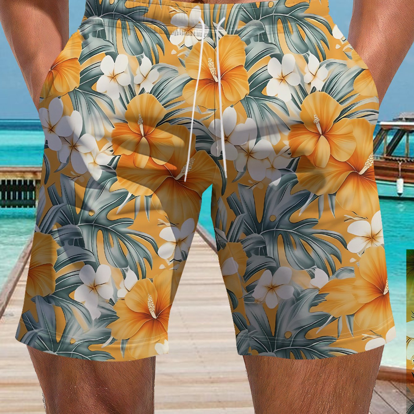 Short de bain homme à séchage rapide, imprimé feuilles de palmier tropicales