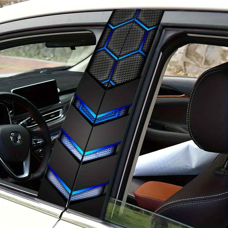 2pcs AHPAINTING Sporty Car B-Pillar Stickers - Hexagon Blue Accent Vinyl Decals, Scratch-Resistant Waterproof Self-Adhesive, Residue-Free Easy Install for Plastic/Metal/Glass/ Surfaces, Single-Use Exterior Accessories, Car De