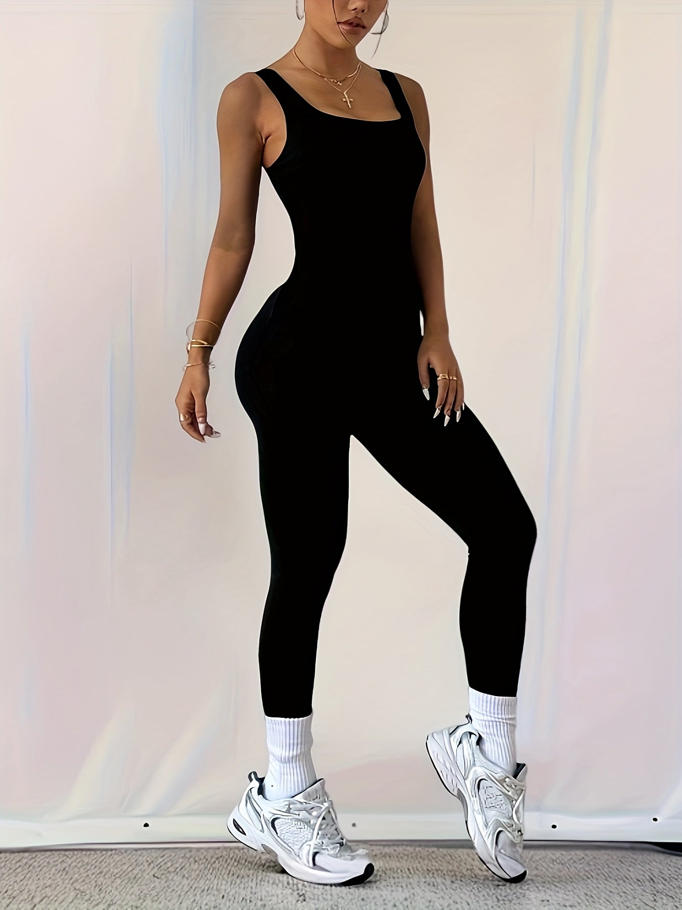 Women's High-Elasticity Backless Yoga Running Leggings - Solid Color Black Square Neck Workout Pants, Machine Washable Spring/Summer Fitness Apparel, Yoga Pants, Gym Apparel, Sleek Sporty Look, Highelasticity Fabric, Activewe - Topdecheztop.fr