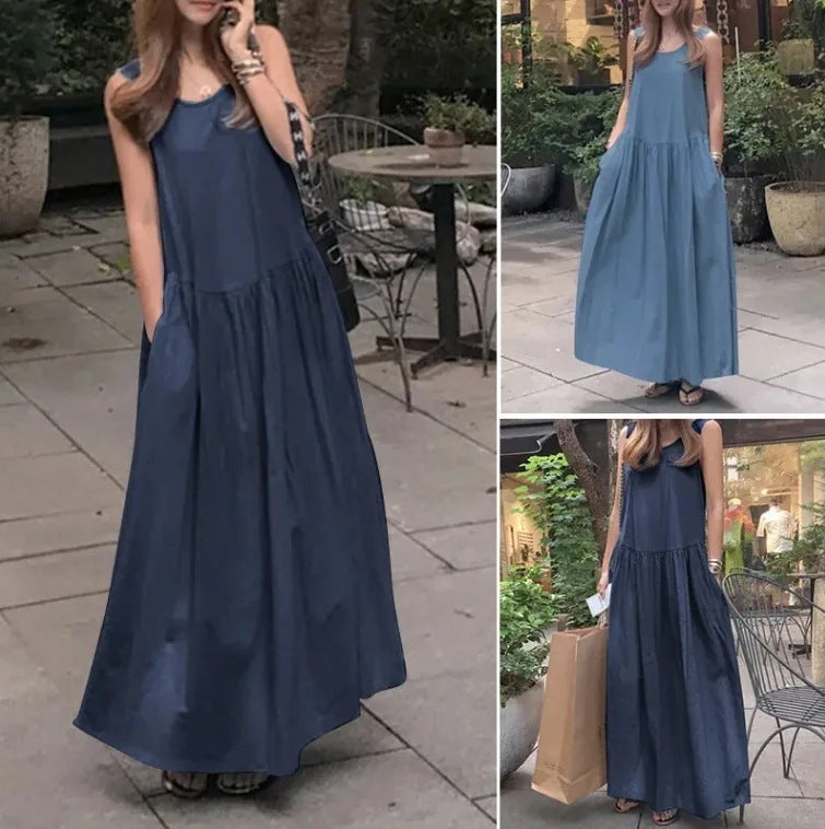 Robe longue ample à col rond et sans manches, grande taille, couleur unie