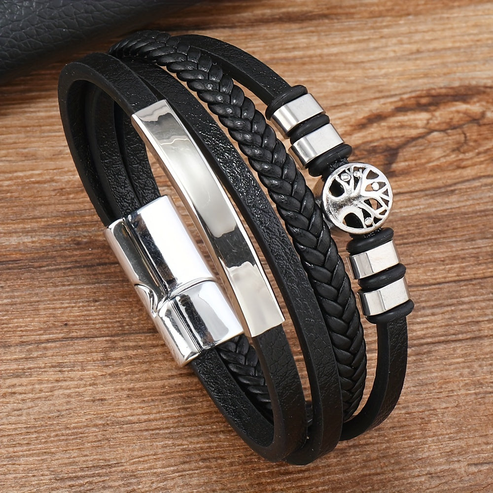 Bracelet tendance en cuir synthétique tissé multicouche