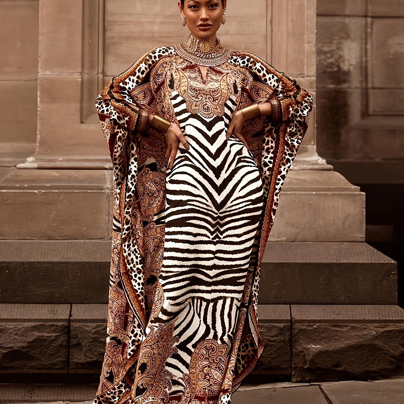 Plus Size Zebra Print Loose Dress, Casual Batwing Sleeve Dress For Spring & Fall, Women's Plus Size Clothing - Topdecheztop.fr