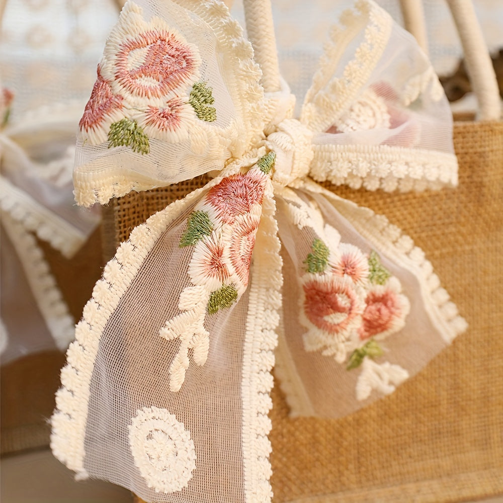 Lot de 2 sacs fourre-tout en toile de jute avec ruban en dentelle