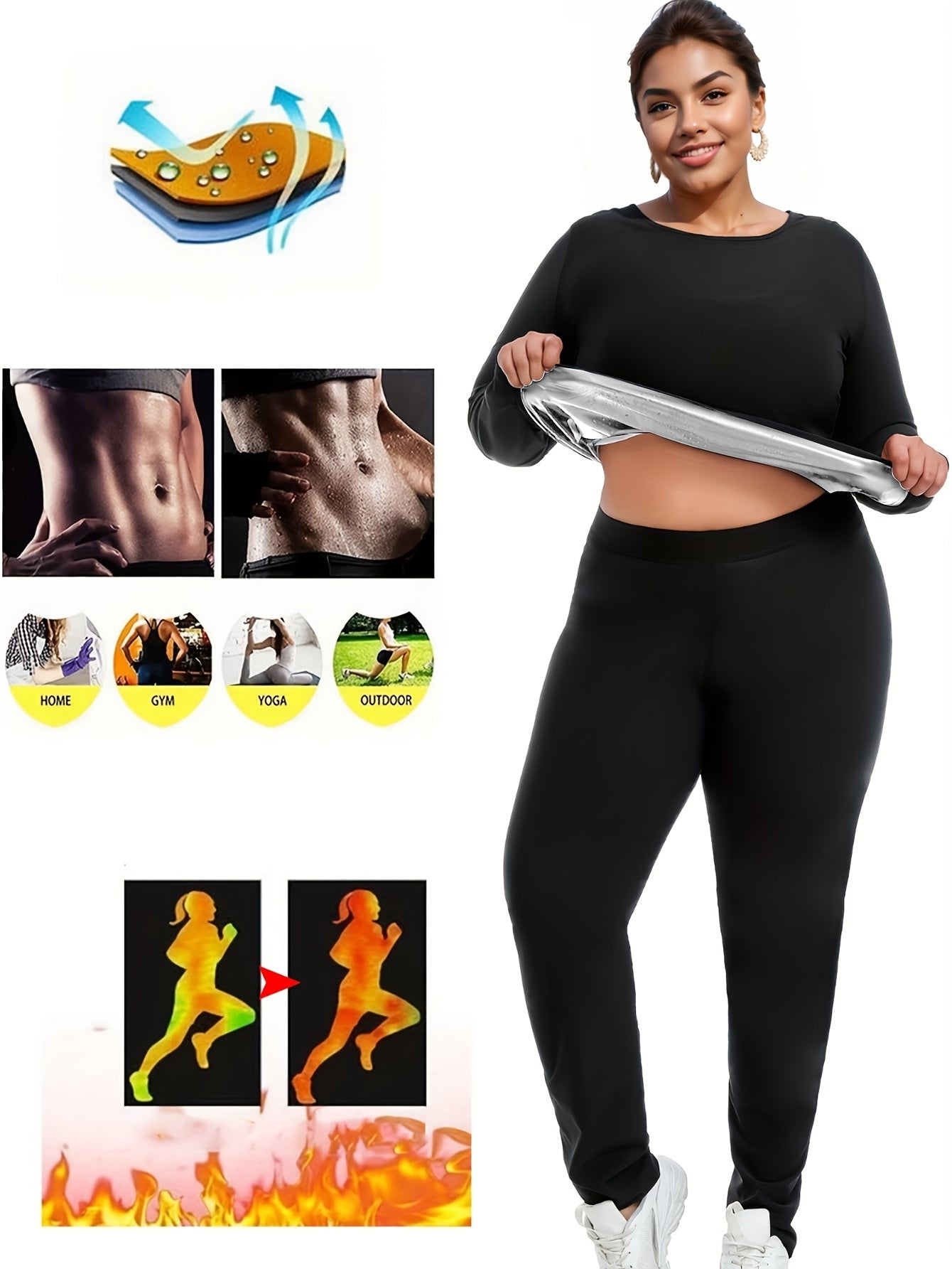 Set Of 2 Plus-size Women's Sportswear, Sauna Yoga Set, With Internal Sweat-absorbing Coating, Moisture-wicking, Yoga And Fitness Clothing, Plus-size Long-sleeved Top And Sauna Pants - Topdecheztop.fr