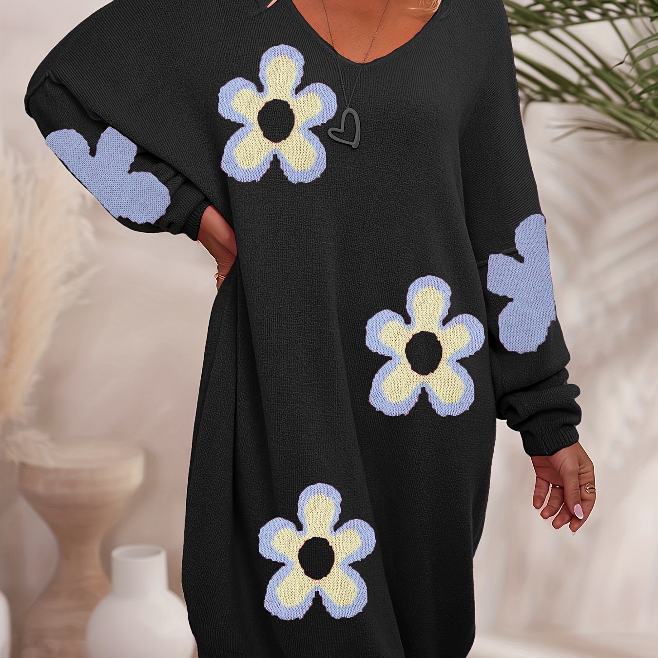 Robe en maille à motifs floraux grande taille, robe décontractée