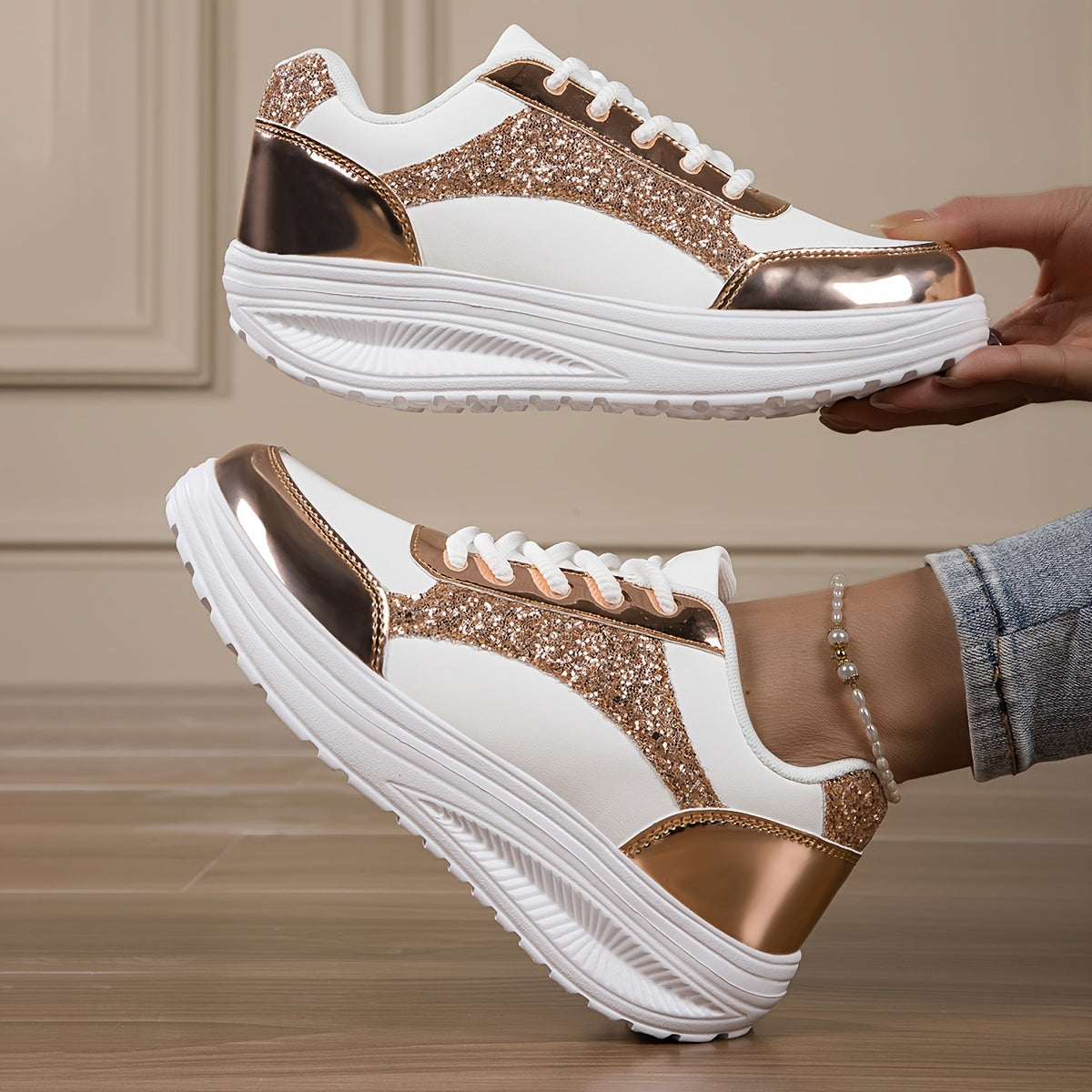 Chaussures à paillettes pour femmes, baskets basses à plateforme tendance - Topdecheztop.fr