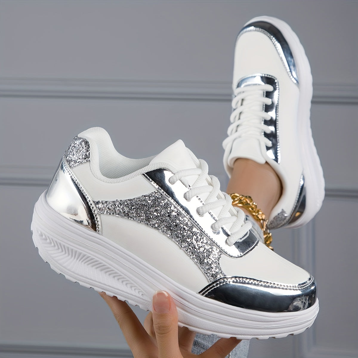Chaussures à paillettes pour femmes, baskets basses à plateforme tendance - Topdecheztop.fr