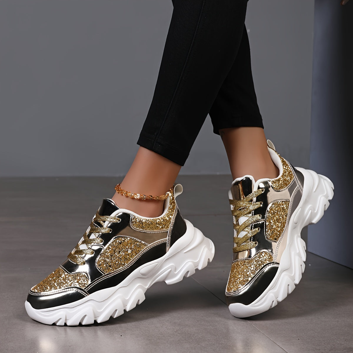 Women's Glittery Golden Dad Sneakers - Fashionable Lace-Up Platform Shoes with Reflective Thick Sole for Height Boost, Versatile All-Season Footwear - Topdecheztop.fr