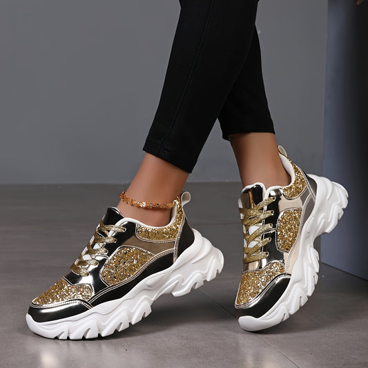 Women's Glittery Golden Dad Sneakers - Fashionable Lace-Up Platform Shoes with Reflective Thick Sole for Height Boost, Versatile All-Season Footwear - Topdecheztop.fr
