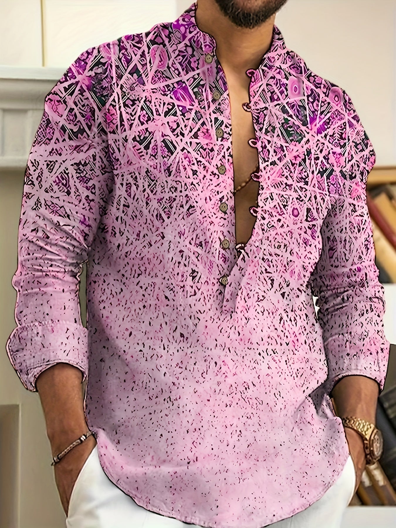 Chemise Henley décontractée à manches longues et boutons pour homme