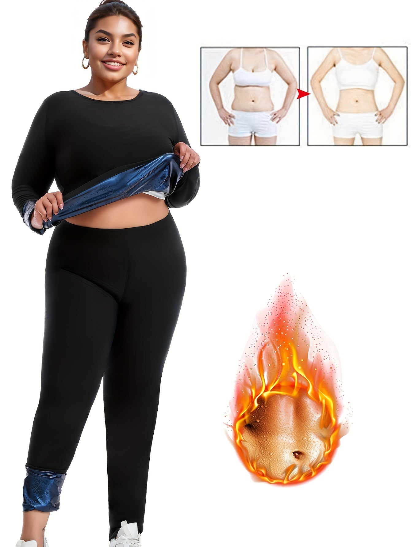 Set Of 2 Plus-size Women's Sportswear, Sauna Yoga Set, With Internal Sweat-absorbing Coating, Moisture-wicking, Yoga And Fitness Clothing, Plus-size Long-sleeved Top And Sauna Pants - Topdecheztop.fr