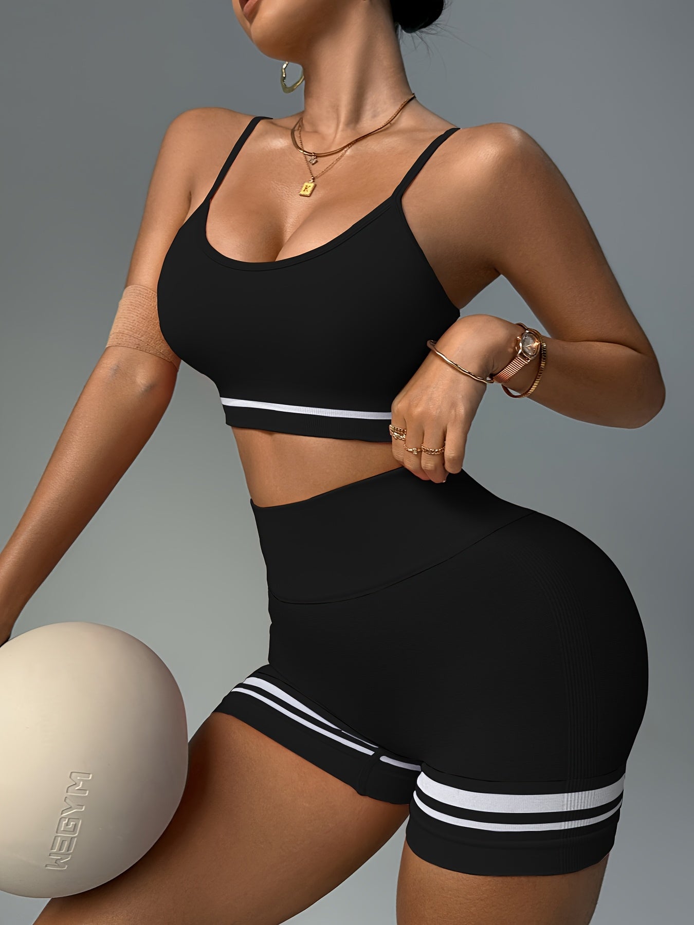 2pcs Women'S Sportswear Set - Adjustable Strap & Supportive Bra Top & High-Waist V-Neck Jeggingsuit with Striped Leggings, Stretchy Fabric, Perfect for Cycling, Yoga, and Indoor Workouts, Gym Clothe - Topdecheztop.fr