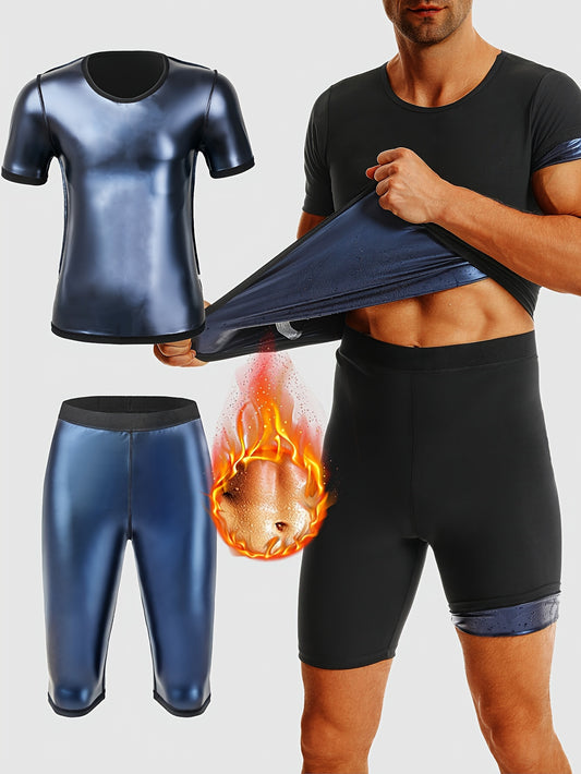 Men's Sauna Compression Sports Outfit - Sweat-Enhancing Short Sleeve Top & High Waist Shorts Set - Gym Fitness Body Shaper For Men - Topdecheztop.fr