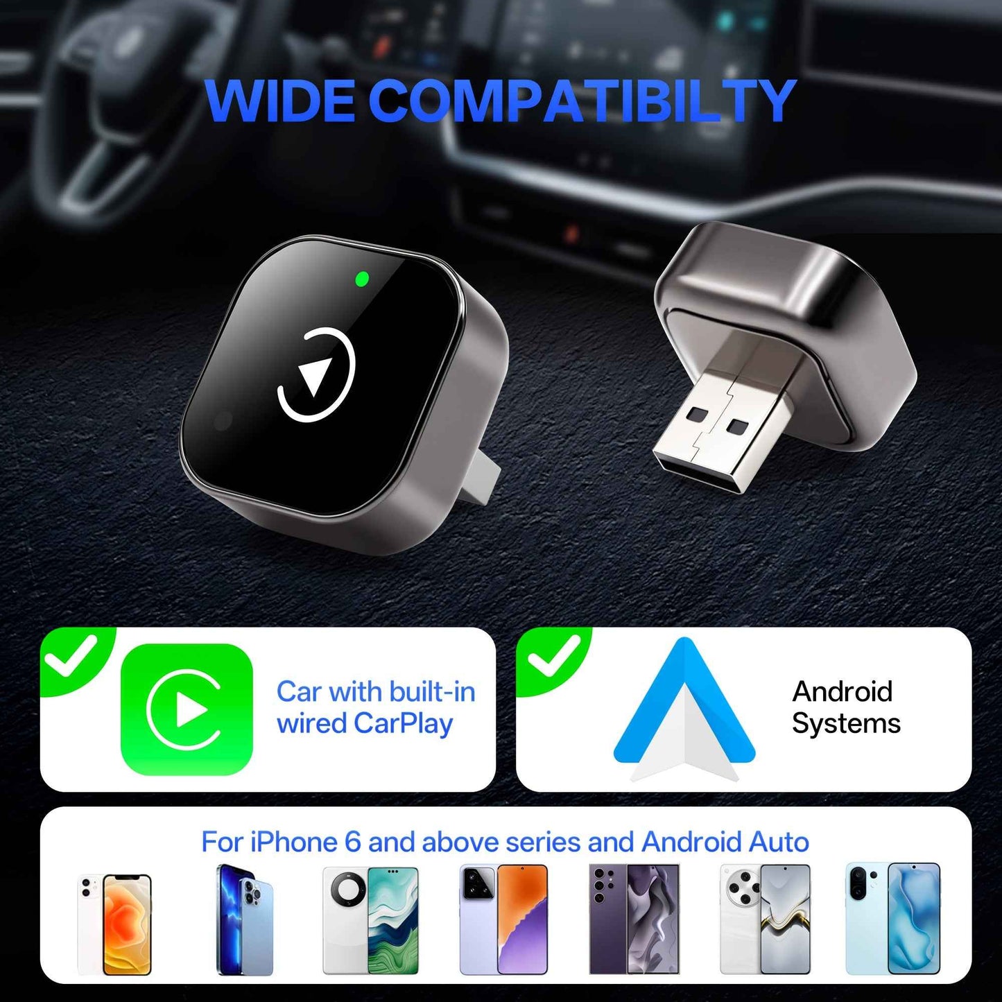 Adaptateur sans fil 2 en 1 CarPlay et Android Auto - Connexion automatique