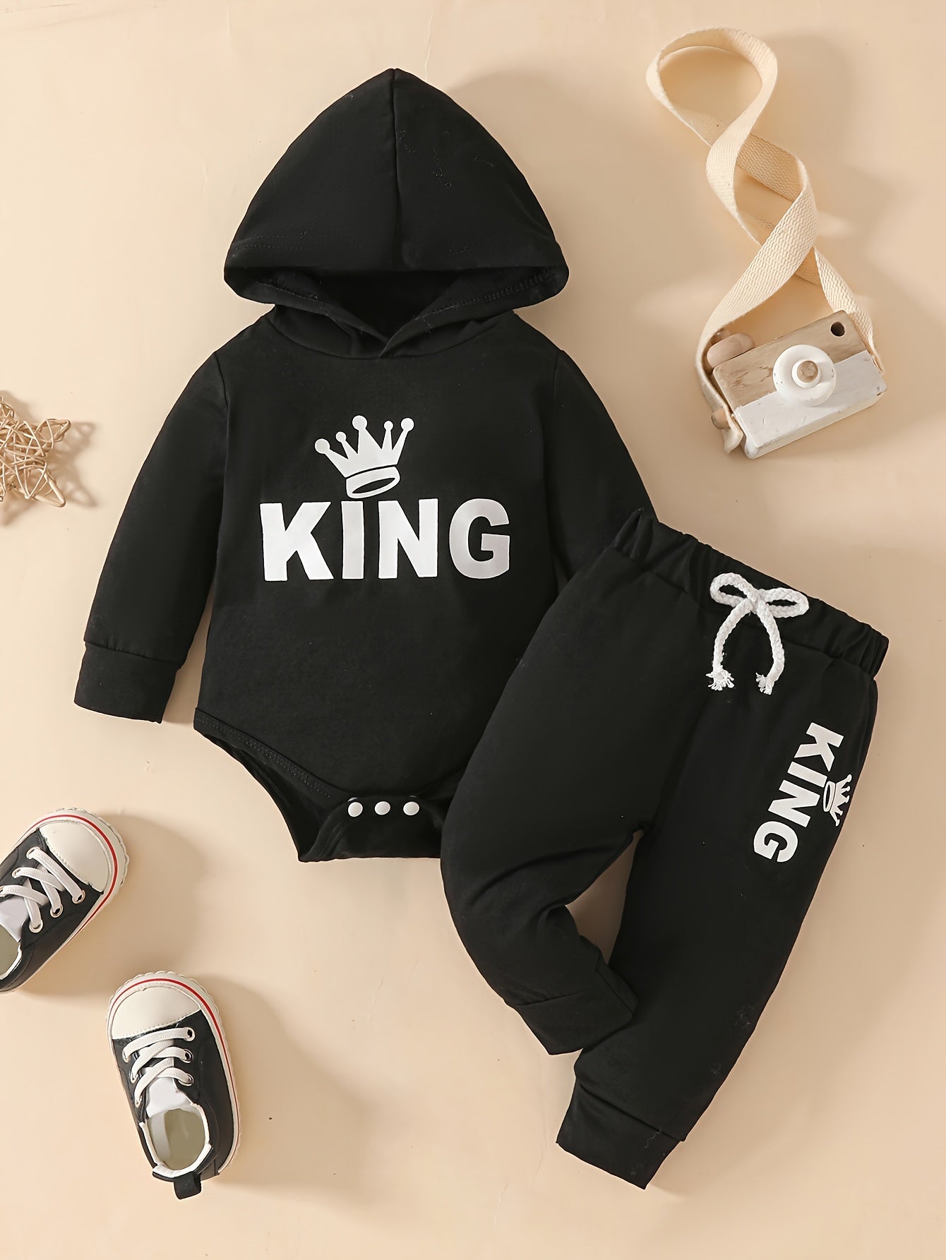 2pcs Baby's KING Crown Print Hooded Bodysuit & Casual Pants, Toddler & Infant Boy's Clothing Set For Fall - Topdecheztop.fr