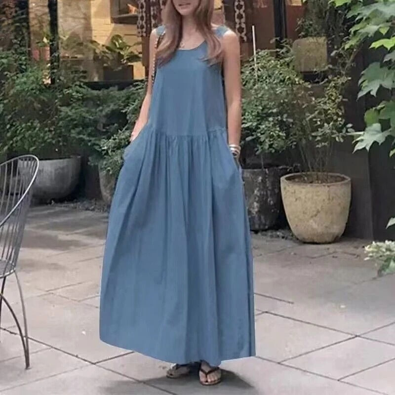 Robe longue ample à col rond et sans manches, grande taille, couleur unie