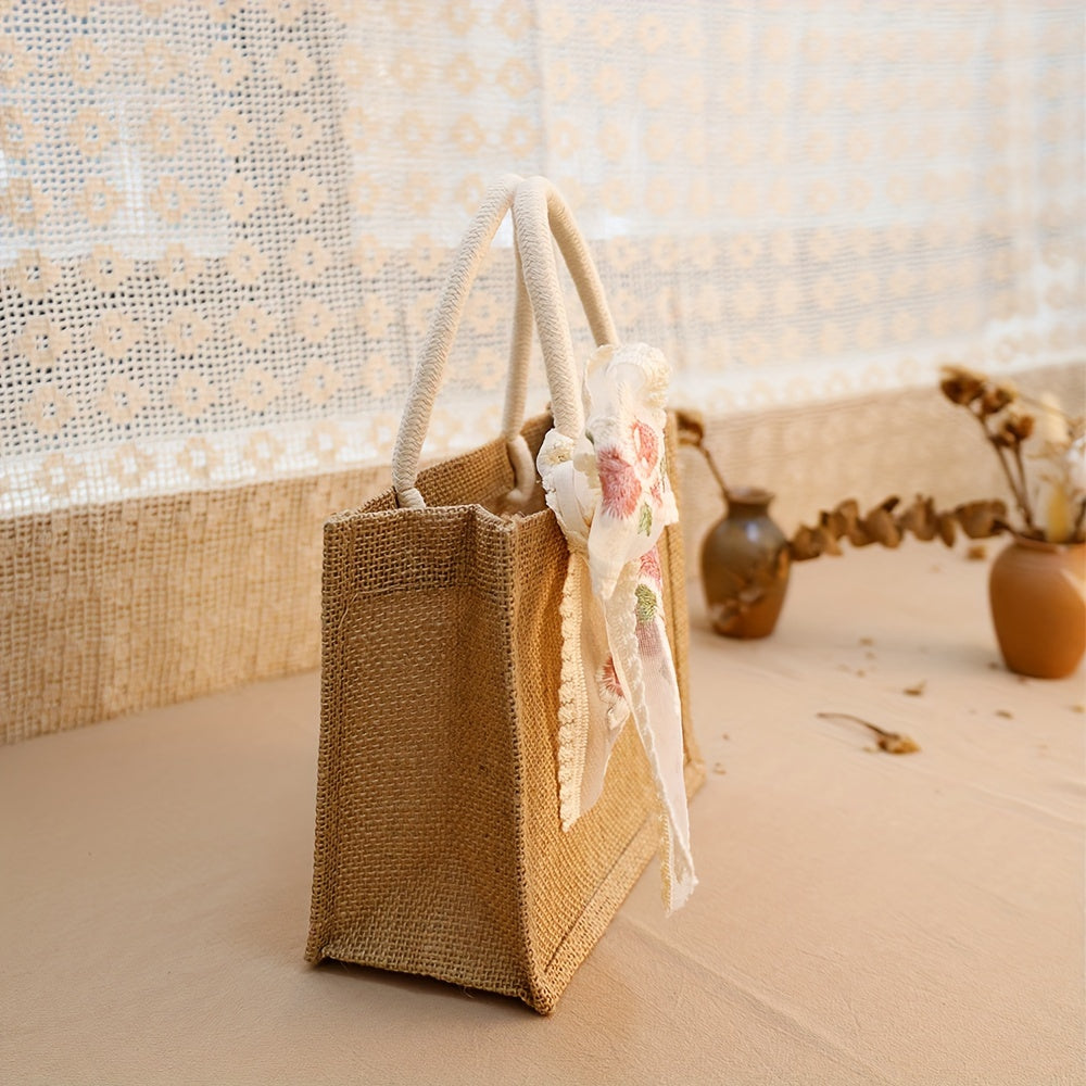 Lot de 2 sacs fourre-tout en toile de jute avec ruban en dentelle