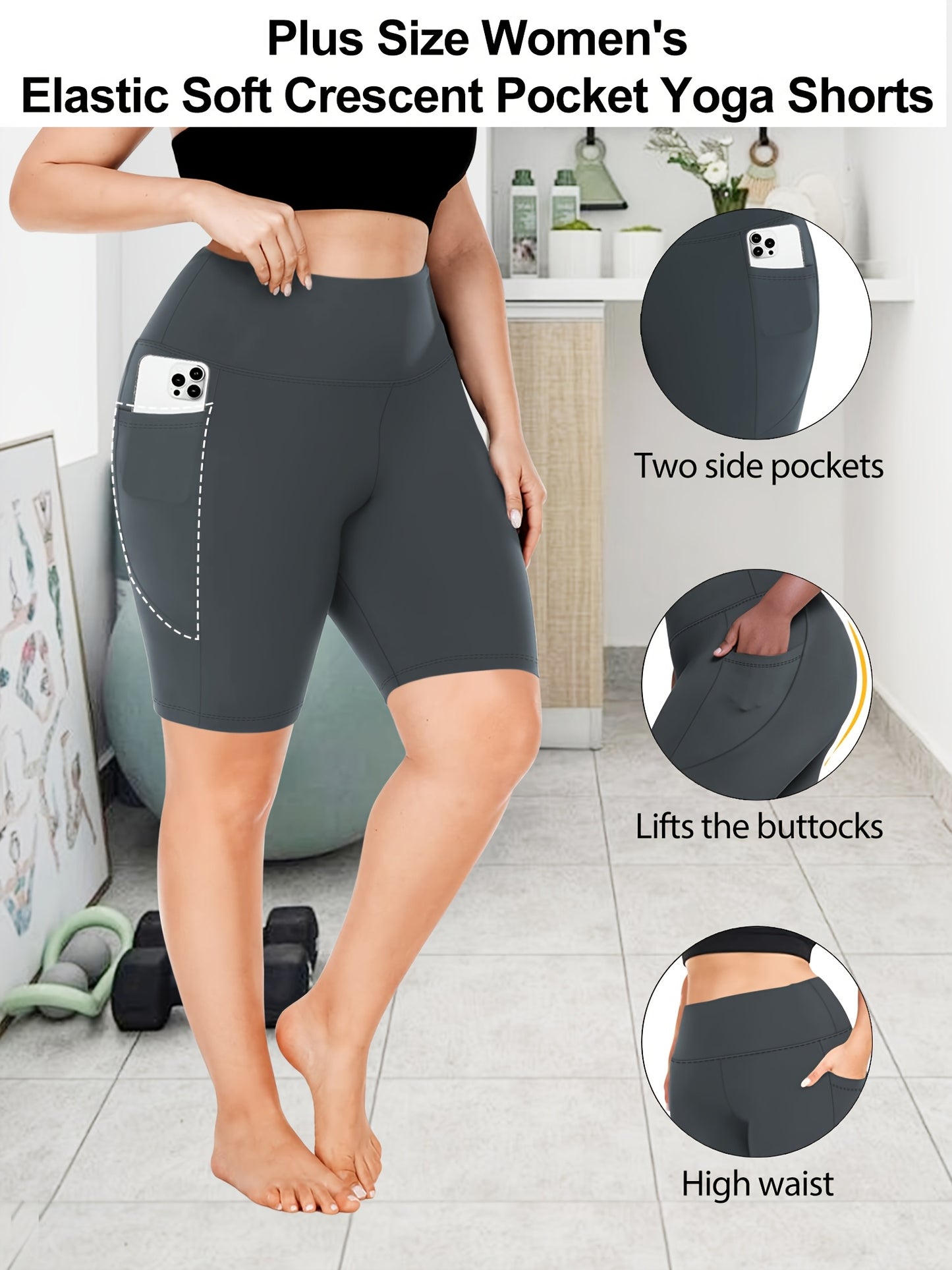 Lot de 3 bermudas taille haute avec poches en forme de lune, grande taille - Topdecheztop.fr