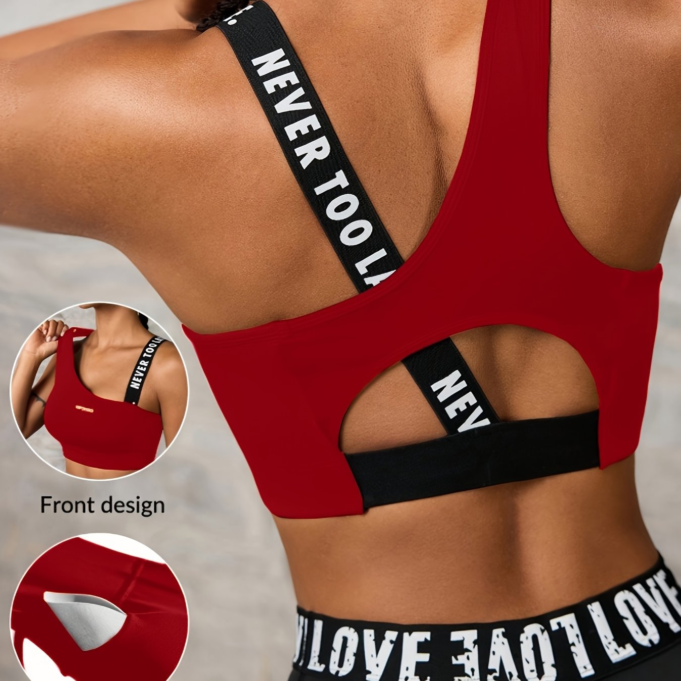 Women'S "NEVER TOO LATE" Graphic Asymmetrical Sports Bra - High Stretch, Hollow Back Design, Strapless Option, Perfect for Outdoor Activities, Workout Bra|Asymmetrical Neckline|Strapless Suppor - Topdecheztop.fr